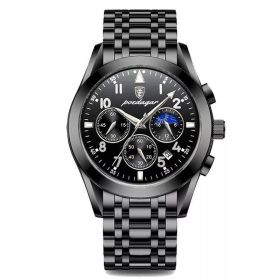 Multifunction Men's Watch Waterproof Luminous (Color: Black shell black surface, style: Steel Belt)