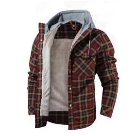 Men Warm Jacket Fleece Lining Lumberjack Plaid Hooded Jackets Snap Button (Color: Coffee, size: USA L)