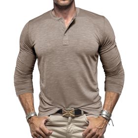 Men's Long-sleeved Henry Collar T-shirt (Option: Khaki-XL)